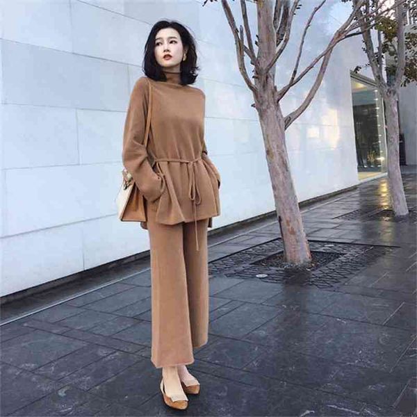 

autumn winter women two piece pant kintted set runway fashion casual pants suit pants wool blends knit suit set 210514, White