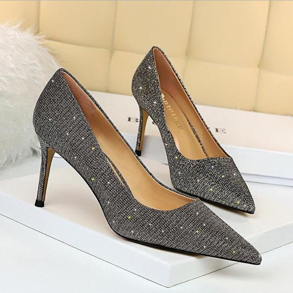 

dress shoes high heel women fashion pointed sequins rhinestone thin heels 2021 autumn nightclub banquet d399, Black