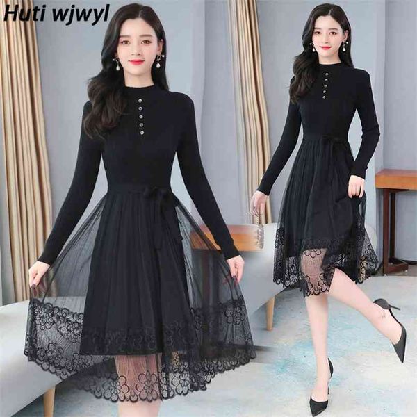 

autumn winter knitting cotton vintage vestidos plus size women bodycon long sleeve black dress party lace midi dresses 210528, Black;gray