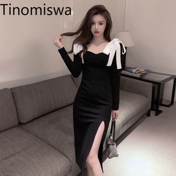 

Tinomiswa 2021 Spring New Vestidos Femme Ribbon Lace Up Long Sleeve Dresses Split Design Korean Vintage Dress Women Slim Waist, Black