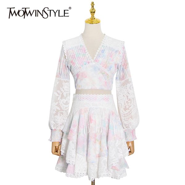 

twotwinstyle backless print two piece set for women v neck lantern sleeve shirt high waist ruched skirt elegant sets spring 210428, White