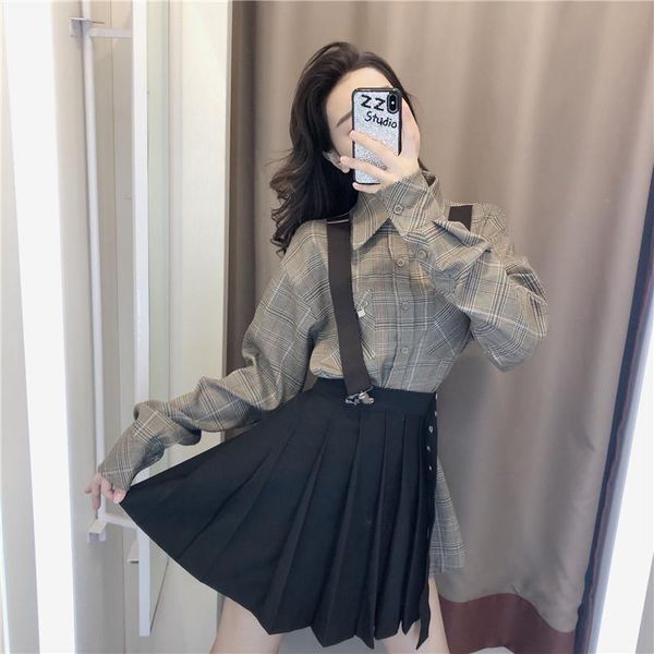 

two piece dress spring women suit korean long-sleeved plaid shirt & black pleated skirt fashion two-piece clothes skirts sets for, White