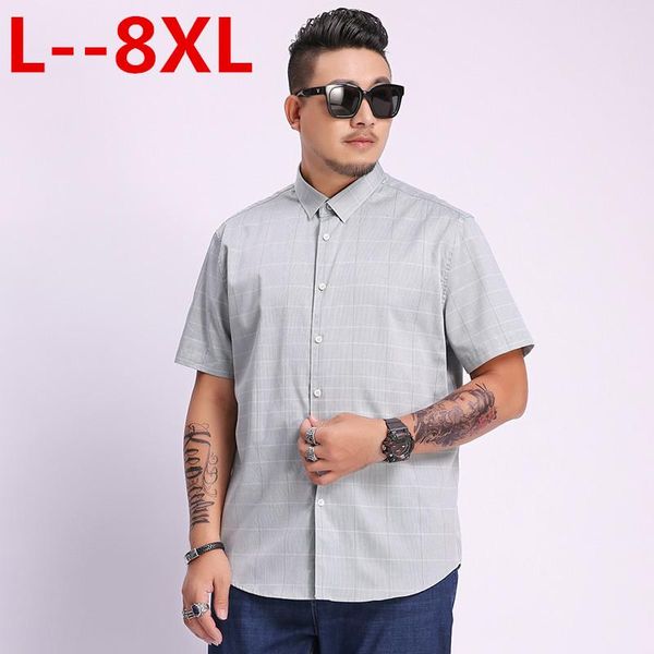 

big 8xl 6xl 5xl short sleeve cotton oxford dress shirt men social mens plaid casual male striped work shirts plus size 5x men's, White;black
