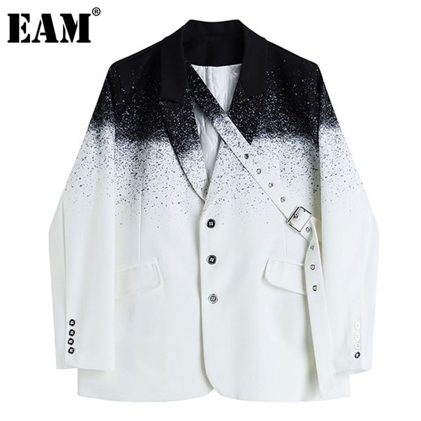 

[eam] women casual gradient spliced belt blazer lapel long sleeve loose fit jacket fashion spring autumn 1dd8788 211006, White;black