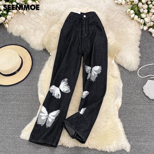 

women's pants & capris seenimoe women 2022 jbutterfly leans wide leg spring drape high waist loose black straight draping casual, Black;white