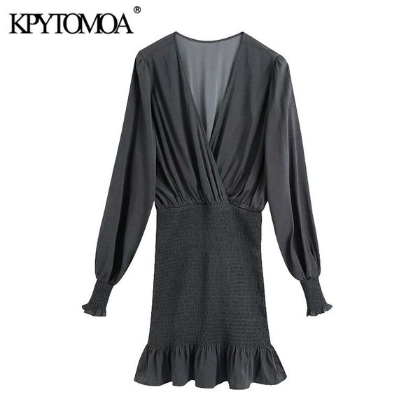 

women chic fashion elastic smocked hem ruffled mini dress vintage v neck long sleeve female dresses vestidos mujer 210416, Black;gray
