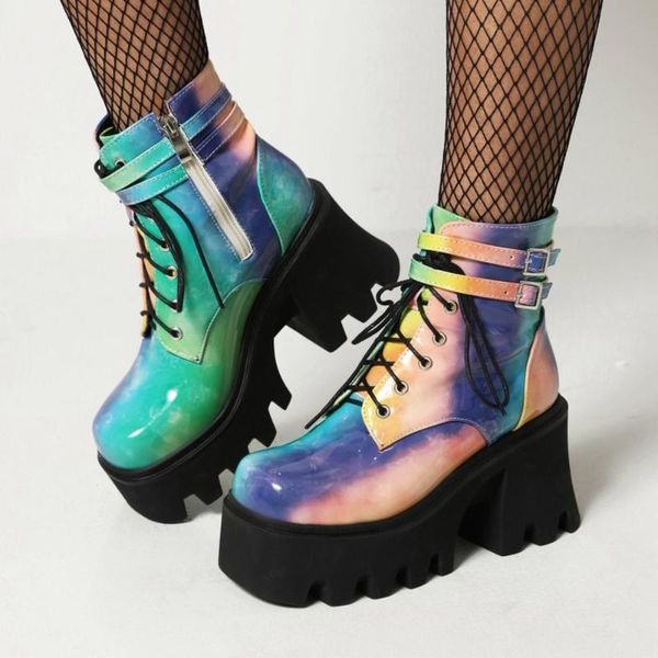 

boots womens platform ankle match colors lace up shoes block high heel punk motorcycle knight riding plus size, Black