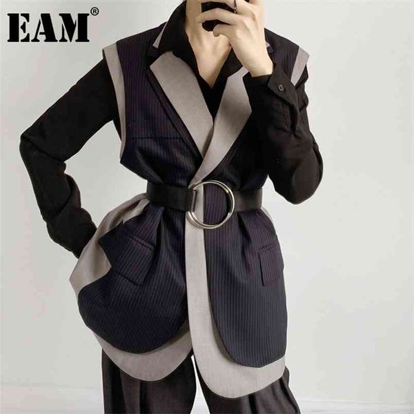 

[eam] women loose fit gray striped contast color big size vest lapel sleeveless fashion spring autumn 1dd419202 210817, Black;white