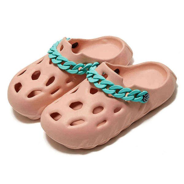 

2022 summer hole shoes for men and women wearing sandals eva candy-colored slippers chain hollow sand beach shoes flip flops y220224, Black