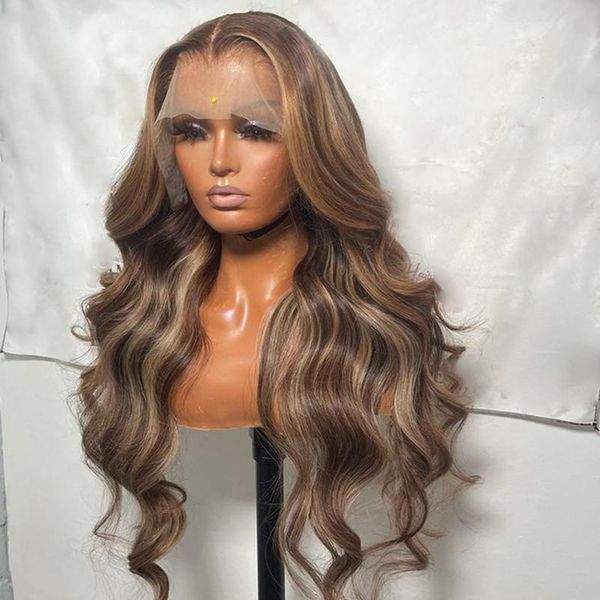 

lace wigs peruvian remy hair preplucked hairline human front for black women body wave highlight 180 density, Black;brown