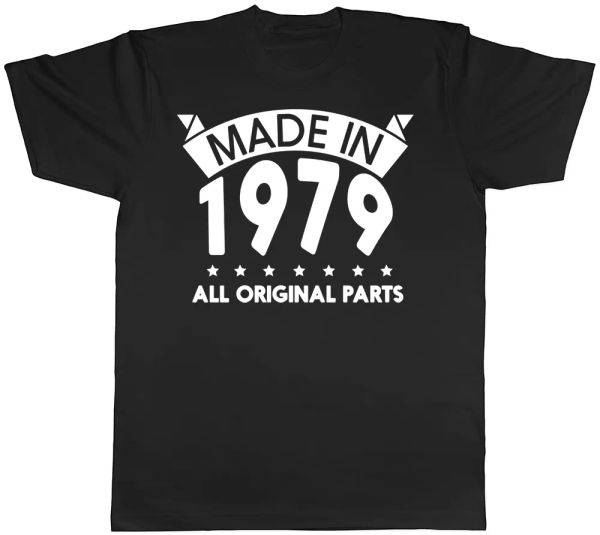 

made in 1979 all original parts birthday mens short sleeve t-shirt, White;black