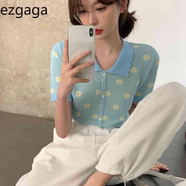 

ezgaga summer new thin women shirts korean fashion contrast lapel knitted crop floral short sleeve slim sweet casual 210430, White