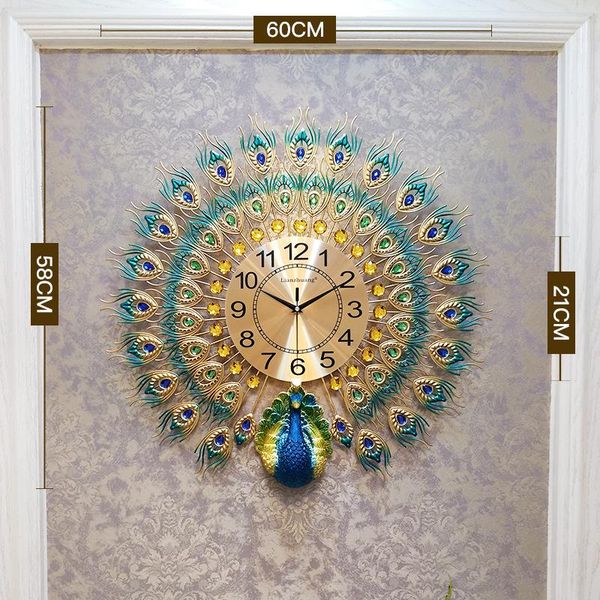 

wall clocks home living room decor silent clock large 60x58cm european style modern 3d diamond crystal quartz peacock