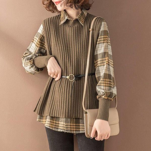 

women's vests autumn and winter 2021 korean two-piece set fashion sweater vest women plaid shirt knitted female, Black;white