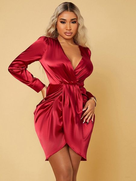 

surplice neck draped detail dress 42aa#, Black;gray