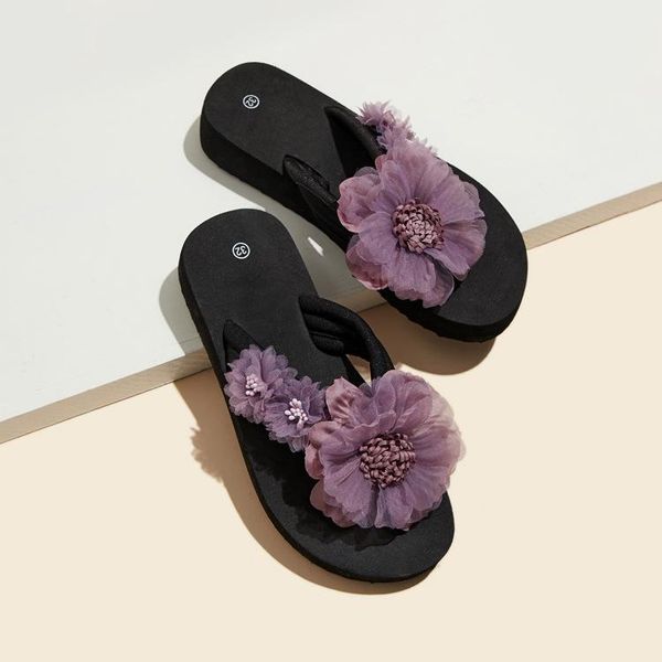

slippers low flower rubber flip flops hawaiian floral fabric pu hoof heels, Black