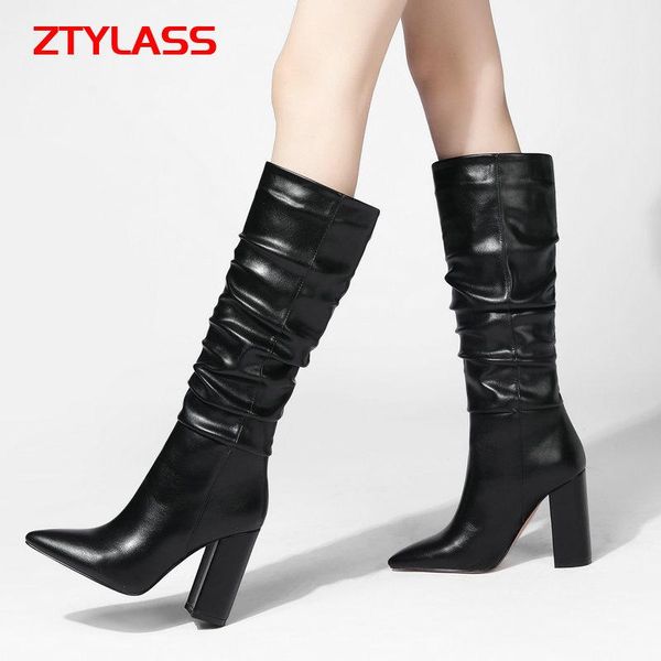 

black red beige pleated knee high boots women faux leather pointed toe square heel long autumn winter shoes