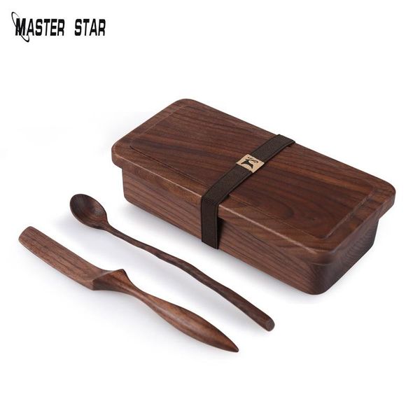 

master star grade japanese-style natural black walnut wood lunch box wooden bento box&spoon,knife sushi boxes bowl dinnerware sets