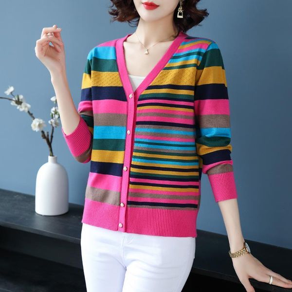 

women's knits & tees v-neck stripe contrast color knitted cardigan women loose casual red sweater coat autumn winter female button colo, White