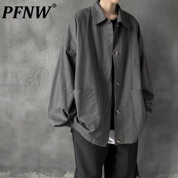 

men's jackets pfnw simple solid students lapel autumn dark korean ins trend coat male cool handsome loose jacket streetwear 12x0032, Black;brown