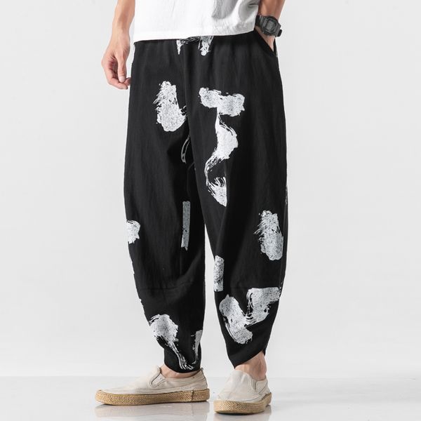 

men's pants chinese style autumn loose plus size mens harem pant casual new trousers black men print joggers streetwear 4172