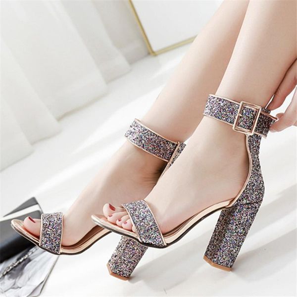 

sandals glitter thick heels women fashion 2021 summer silver bling ankle buckle pumps ladies open toe platform dress party shoes, Black