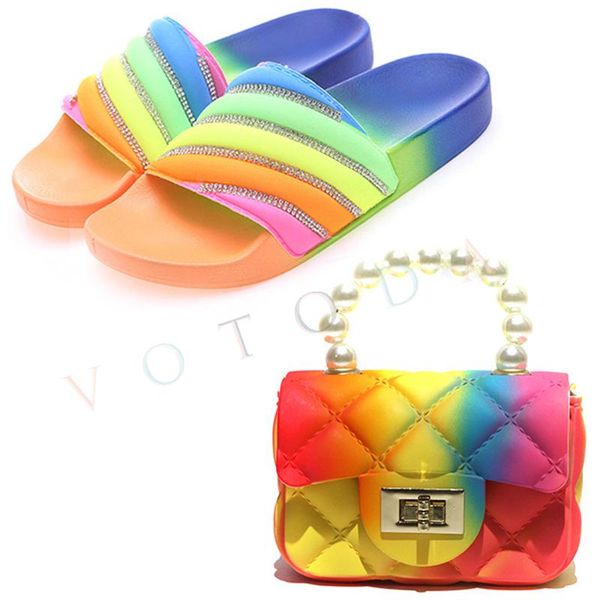 

summer women beach slippers woman bling rhinestone rainbow flip flops female indoor flat slides ladies bathroom slip on sandal, Black