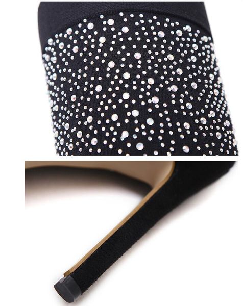 

boots - rhinestone high heel women's elastic cloth over the knee high-heeled women, Black