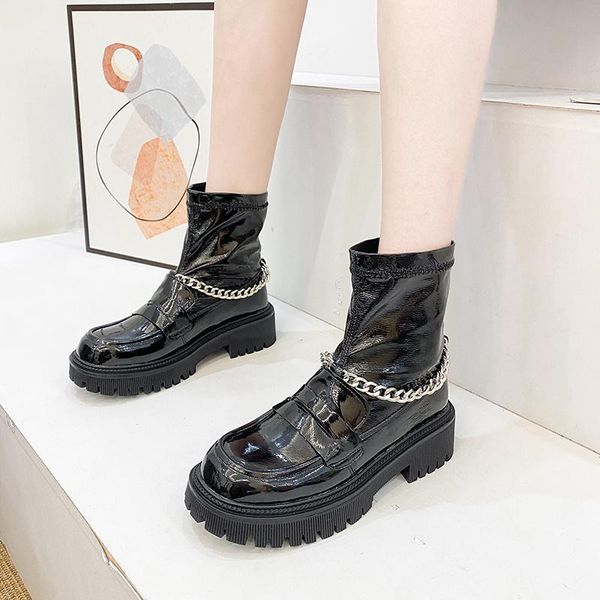 

boots patent leather ankle women shoes winter black platform korean style metal chain chunky short 2021