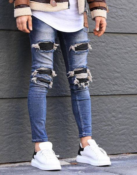 

men's jeans premium blue flash laser design biker ripped