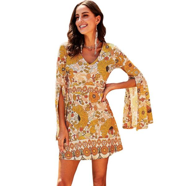 

casual dresses bohemian women's dress print trumpet split long-sleeved v-neck wild a-line 2021 autumn women clothes, Black;gray