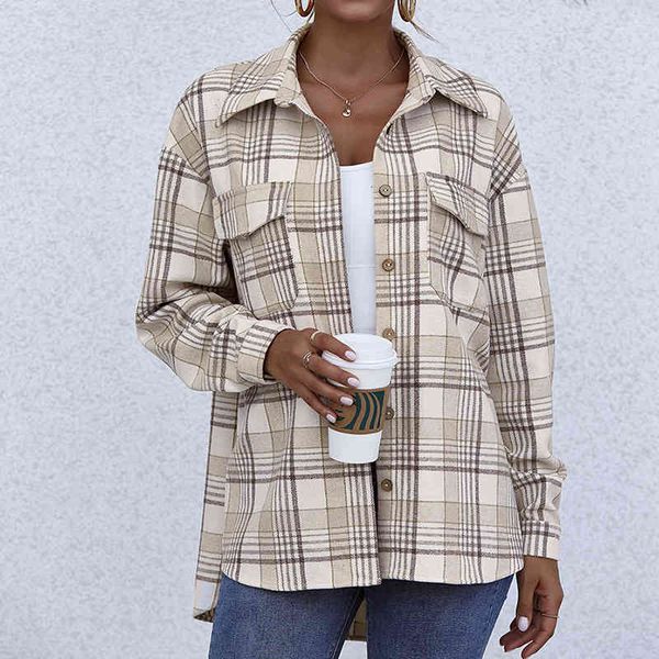 

autumn winter shirt plaid jackets coat plaid harajuku cardigan single breasted long sleeve cotton lapel shirt jackets women 210514, White