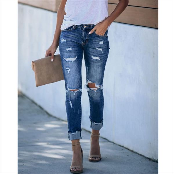 

spring low waist distressed cotton women jean denim slim skinny pencil pants mujer trousers streetwear ripped, Blue