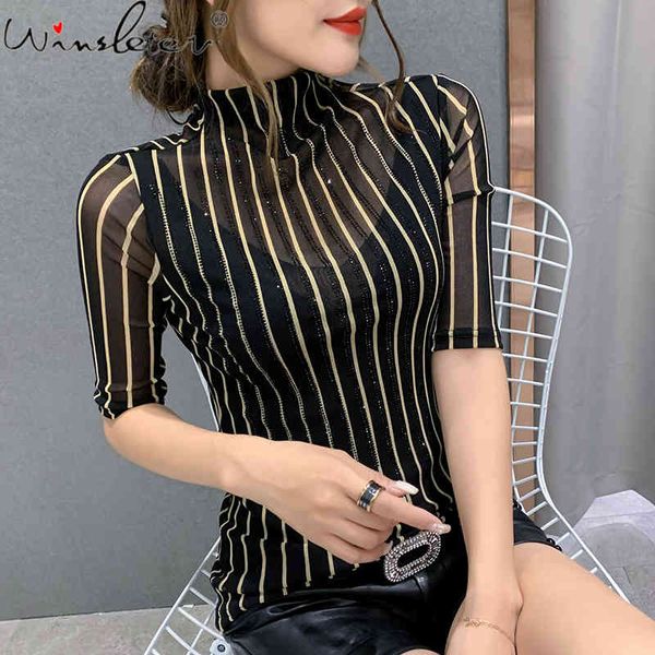 

women's t-shirt summer korean clothes stripe mesh turtleneck shiny diamonds women half sleeve casual slim tees 2021 t133, White