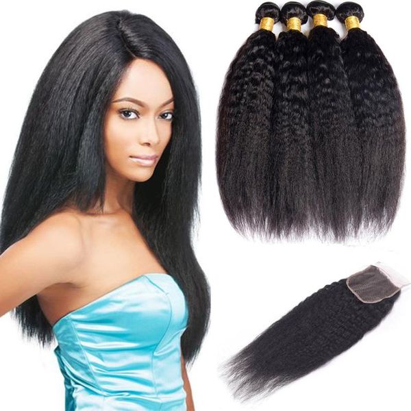 

human hair bulks maxine kinky straight bundles with closure yaki 4x4 lace and 30 inch, Black