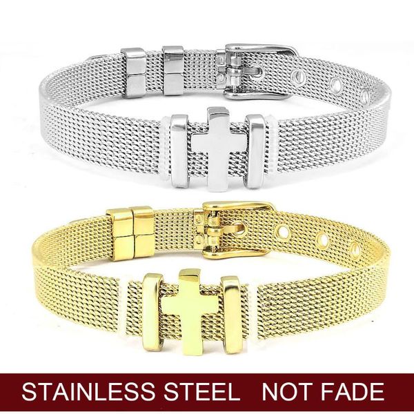 

stainless steel cross charm bracelet for women &bangle with 8mm mesh chain jewelry birthday party bracelets, Golden;silver