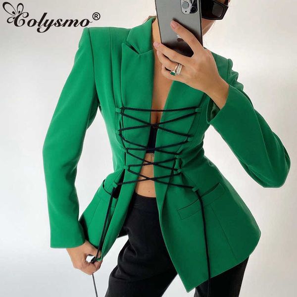 

colysmo autumn collared shirt lace up cut out pocket notched blazer black blouse women elegant party club outfits 210527, White