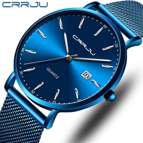

wristwatches crrju mens watches sport waterproof mesh steel quartz watch men slim fashion blue clock male relogio masculino, Slivery;brown