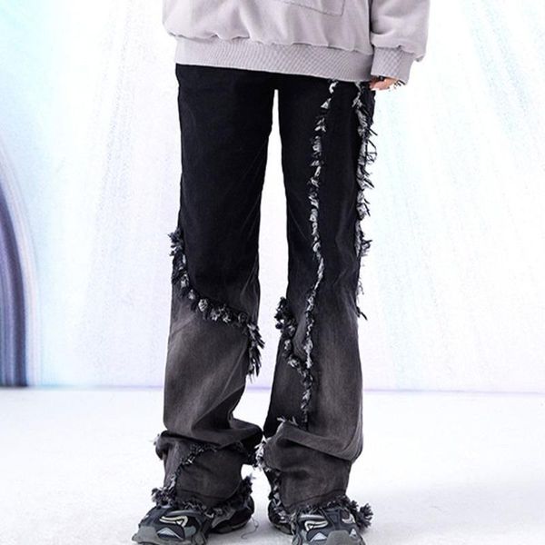 

women's jeans hip hop women vintage streetwear fashion trousers high waist irregular black pantalon gradient sanding straight leg pants, Blue