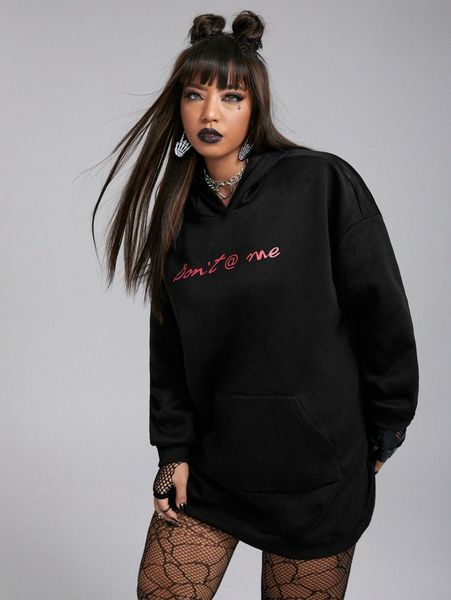 

plus letter graphic drop shoulder hoodie dress v2c8#, Black
