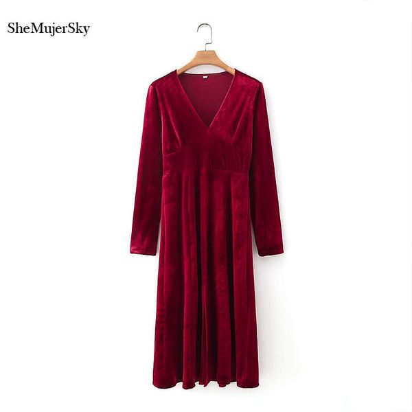

shemujersky women red velvet midi dress 2021 spring autumn v-neck long sleeve slim elastic dresses casual, Black;gray