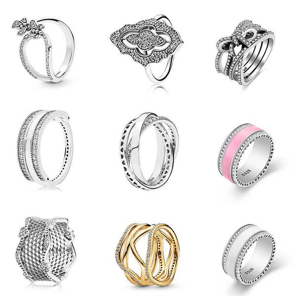 

women 925 sterling silver rings diy big flower bowknot pink white color finger ring for wedding party jewelry, Slivery;golden