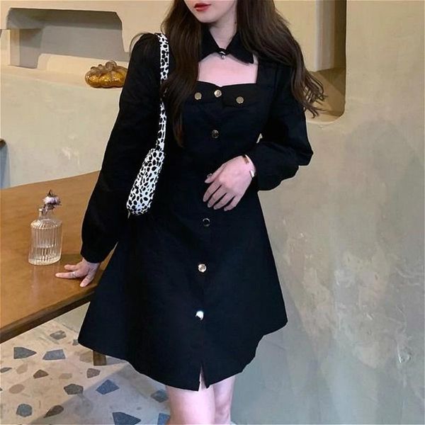 

casual dresses black mini dress women long sleeve bow evening party gothic y2k female one-piece korean 2021 autumn elegant, Black;gray