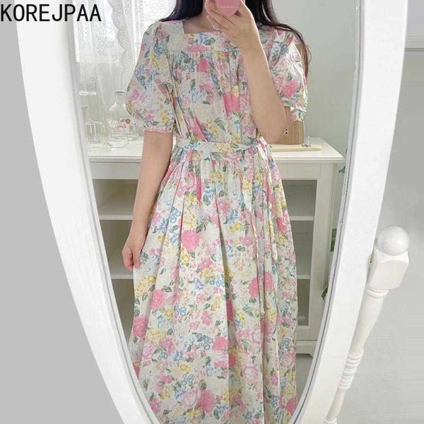 Korejpaa Frauen Kleid Sommer Koreanischen Westlichen Stil Elegante Quadratische Hals Vollbild Floral Print Spitze-Up Puff Sleeve Vestidos 210526