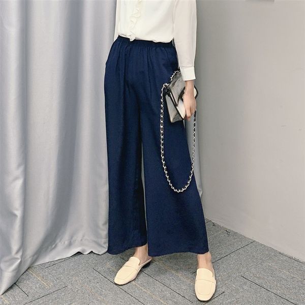 

pants women's 100% pure silk solid colors elastic waist wide leg long pants trousers jn448, Black;white