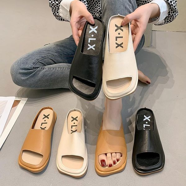 

shoes women slippers casual slides low shallow pantofle square toe soft luxury summer rubber 2021 flat fashion pu basic, Black