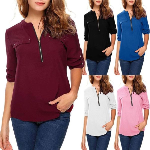

women's t-shirt spring summer t shirt chiffon v neck office work zipper long sleeve plus size tshirt, White
