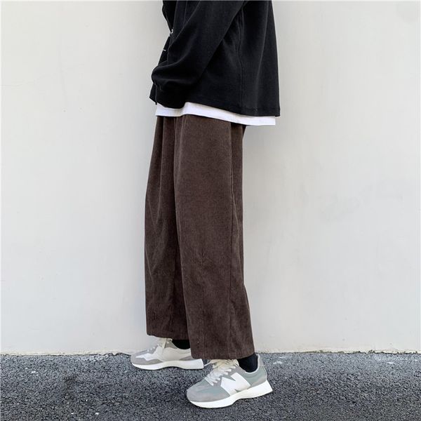 

men casual pants plus size 3xl solid corduroy straight trousers male loose ins chic elastic waist trendy korean style streetwear, Black