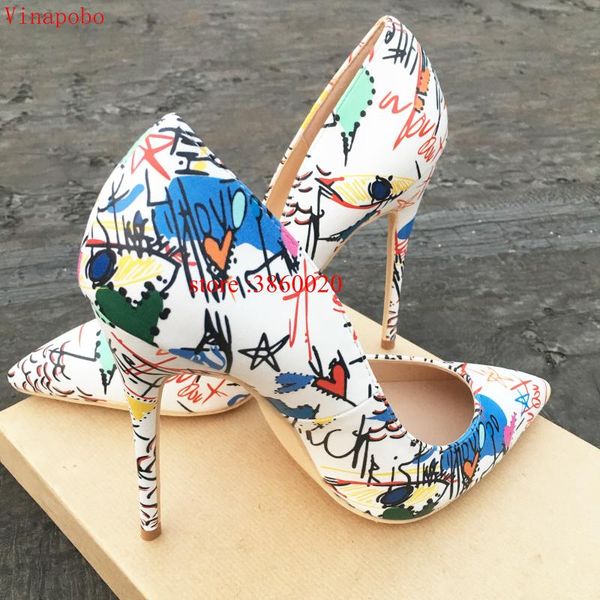 

dress shoes 2021 runway women white graffiti print matte leather high heels pumps pointed toe office ladies party, Black
