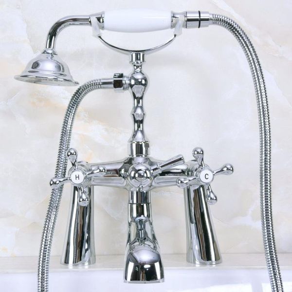 

brass polished chrome deck mounted clawfoot bathroom tub faucet dual cross handles telephone style hand shower head ana127 sets
